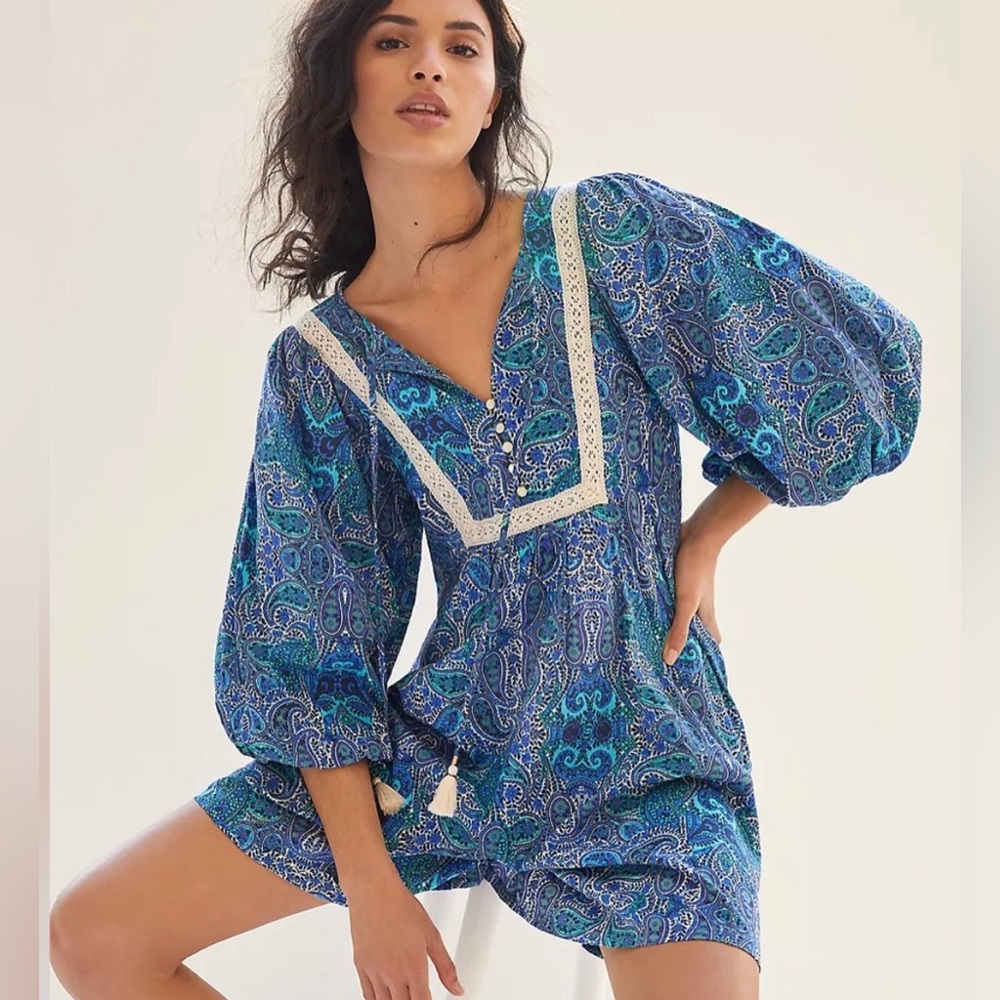 Anthropologie Boho Crochet Lace Detail Paisley Print Puff Sleeve Romper M